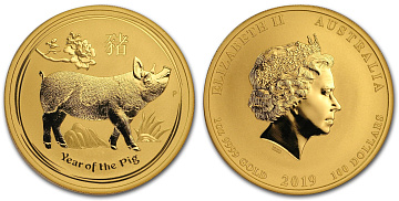 Золотая инвестиционная монета Свинья лунар, золото, 1 oz, Австралия, 2019, 31,1 гр., (1 oz)