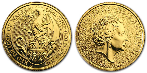 Золотая инвестиционная монета Дракон, золото, 1/4 oz, Великобритания, 2017, 7,78 гр., (0,25 oz)