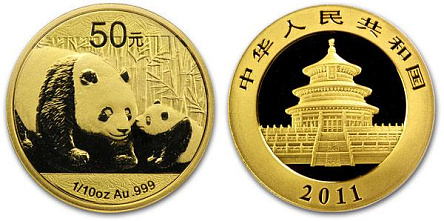 Золотая инвестиционная монета Панда китайская, золото, 1/10 oz, Китай, 3,11 гр., (0,1 oz)
