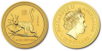 Обезьяна лунар, золото, 1/4 oz, Австралия, 2004