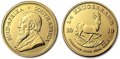 Золотая инвестиционная монета Крюгерранд, золото, 1/4 oz, ЮАР, 7,78 гр., (0,25 oz)