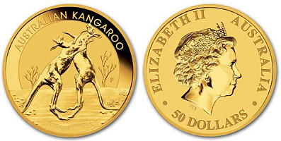 Золотая инвестиционная монета Кенгуру, золото, 1/2 oz,  Австралия, 15,55 гр., (0,5 oz)
