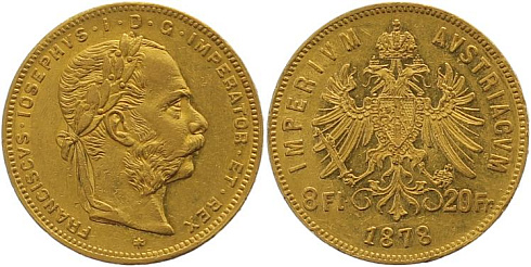 Монета 20 франков-8 флоринов Франц Иосиф I 1870-1892