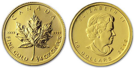 Золотая инвестиционная монета Кленовый лист канадский, золото, 1/4 oz, Канада, 7,78 гр., (0,25 oz)
