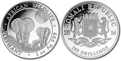 Серебряная инвестиционная монета Слон, серебро, 1 oz, Сомали, 31,1 гр., (1 oz)