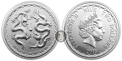 Два Дракона лунар, серебро, 1 oz, Ниуэ, 2018