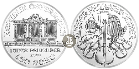 Серебряная инвестиционная монета Филармоникер, серебро, 1 oz, Австрия, 31,1 гр., (1 oz)