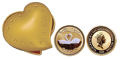 Золотые памятные (коллекционные) монеты Лебеди в сердце, золото, 1/4 oz, о-ва Кука, 2008, 7,78 гр., (0,25 oz)