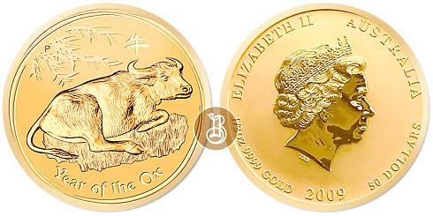 Монета Австралийский Лунар. Год быка. 1/2 унция.