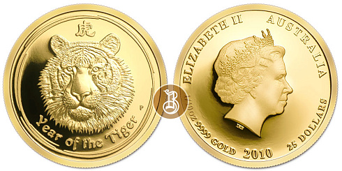 Монета Австралийский Лунар. Год Тигра. 1/10 унции. Пруф