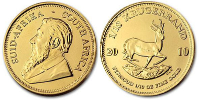 Золотая инвестиционная монета Крюгерранд, золото, 1/10 oz, ЮАР, 3,11 гр., (0,1 oz)