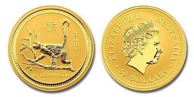 Обезьяна лунар, золото, 1/2 oz, Австралия, 2004