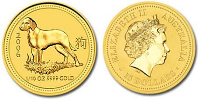 Монета Австралийский Лунар. Год Собаки. 1/10 унции