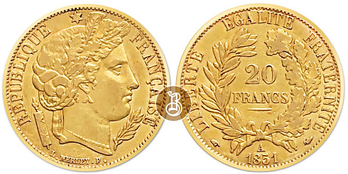 Монета 20 франков. Голова свободы (Церера)  1849-1851