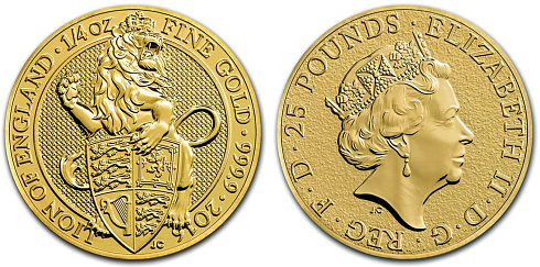 Золотая инвестиционная монета Лев Англии, золото, 1/4 oz, Великобритания, 2016, 7,78 гр., (0,25 oz)