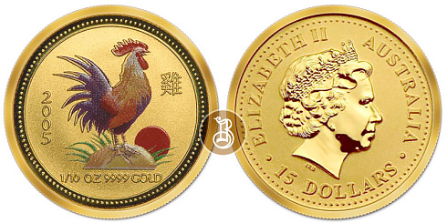 Монета Австралийский Лунар. Год Петуха. 1/10 унции