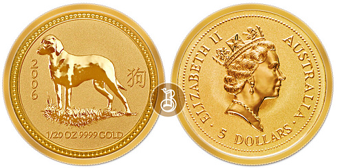 Монета Австралийский Лунар. Год Собаки. 1/20 унции