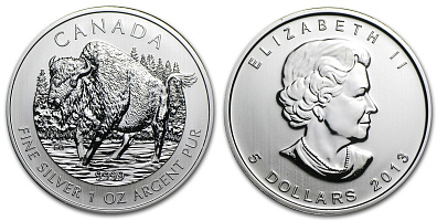 Серебряная памятная (коллекционная) монета Бизон, серебро, 1 oz, Канада, 2013, 31,1 гр., (1 oz)