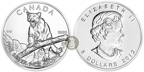Серебряная инвестиционная монета Пума канадская, серебро, 1 oz, Канада, 2012, 31,1 гр., (1 oz)
