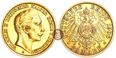 Монета 20 марок. Вильгем II.