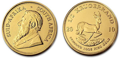 Золотая инвестиционная монета Крюгерранд, золото, 1/2 oz, ЮАР , 15,55 гр., (0,5 oz)