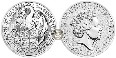 Серебряная инвестиционная монета Дракон, серебро, 2 oz, Великобритания, 2017, 62,2 гр., (2 oz)