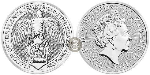 Серебряная инвестиционная монета Сокол, серебро, 2 oz, Великобритания, 2019, 62,2 гр., (2 oz)