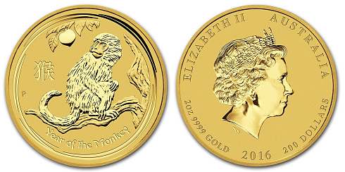 Монета Австралийский Лунар. Год Обезьяны. 2 унции