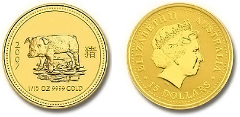 Золотая памятная (коллекционная) монета Свинья лунар, золото, 1/10 oz, Австралия, 2007, 3,1 гр., (0,1 oz)