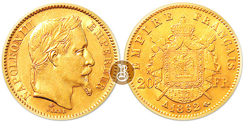 Монета 20 франков. Наполеон III (в венке)