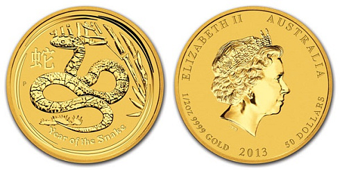 Монета Австралийский Лунар. Год Змеи. 1/2 унции