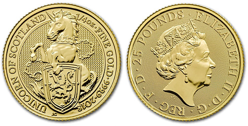 Золотая инвестиционная монета Единорог, золото, 1/4 oz, Великобритания, 2018, 7,78 гр., (0,25 oz)