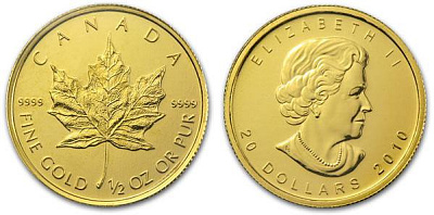 Монета Канадский кленовый лист. 1/2 унции