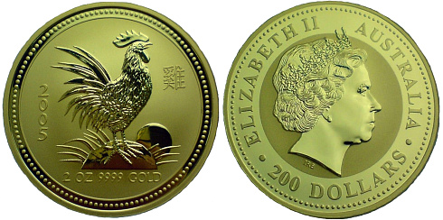 Монета Австралийский Лунар. Год Петуха. 2 унции