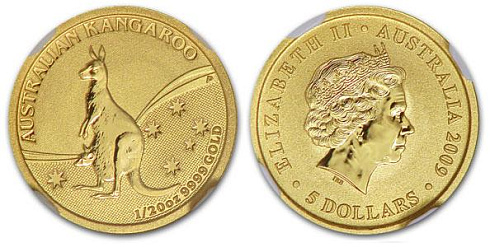 Золотая инвестиционная монета Кенгуру, золото, 1/20 oz,  Австралия, 1,555 гр., (0,05 oz)