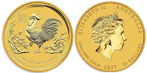 Монета Австралийский Лунар. Год Петуха. 1/4 унции