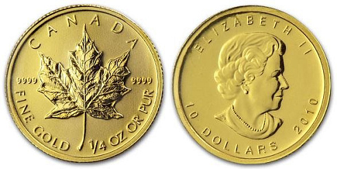 Золотая инвестиционная монета Кленовый лист канадский, золото, 1/4 oz, Канада, 7,78 гр., (0,25 oz)