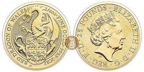 Золотая инвестиционная монета Дракон, золото, 1/4 oz, Великобритания, 2017, 7,78 гр., (0,25 oz)