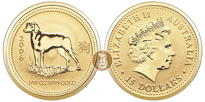 Собака лунар, золото, 1/10 oz, Австралия, 2006