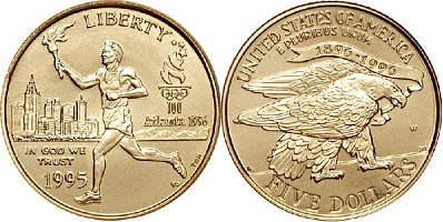 Монета 5 долларов - Олимпийские игры в Атланте 1996г