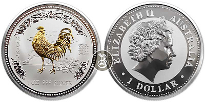 Монета Лунар Год Петуха. 1 унция (с позолотой)