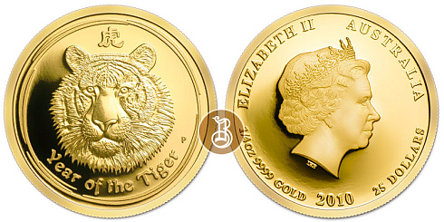 Золотая памятная (коллекционная) монета Тигр лунар, золото, 1/4 oz, (пруф), Австралия, 2010, 7,78 гр., (0,25 oz)