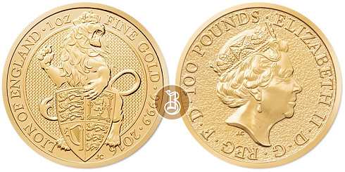 Золотая инвестиционная монета Лев Англии, золото, 1 oz, Великобритания, 31,1 гр., (1 oz)