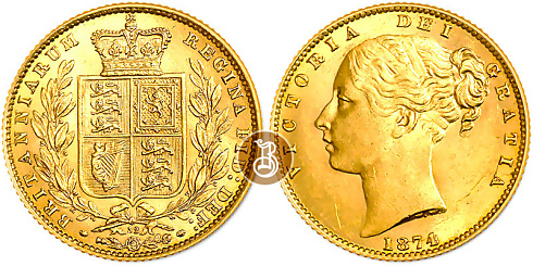 Монета Соверен Виктория, молодая (щит на реверсе)