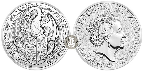 Серебряная инвестиционная монета Дракон, серебро, 2 oz, Великобритания, 2017, 62,2 гр., (2 oz)