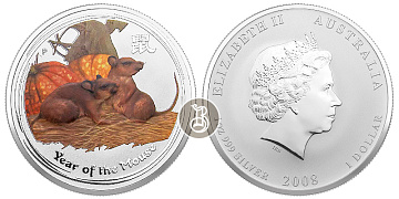 Монета Лунар Год Крысы (цветная). 1 унция