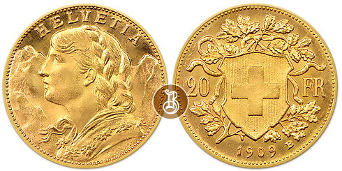 Монета 20 франков Вренелли (Хельвета)