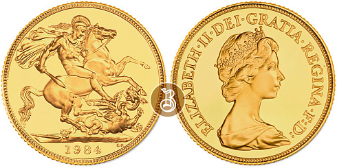 Монета Соверен Елизавета II молодая в короне 1974-1984