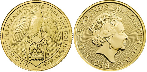 Золотая инвестиционная монета Сокол, золото, 1/4 oz, Великобритания, 2019, 7,78 гр., (0,25 oz)