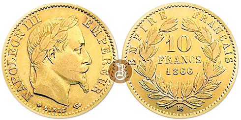 Монета 10 франков. Наполеон III (в венке)